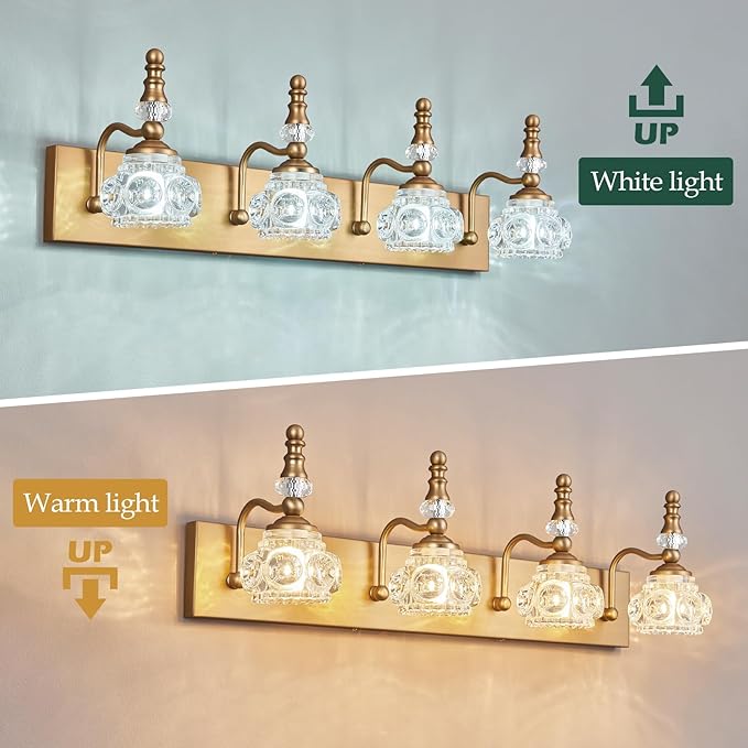 Modern Glass Crystal Vanity Light - Vintage Bathroom Lighting Fixtures Over Mirror, 4 Light Vanity Lights G9 Bulb (27.55 Inch,Brass)