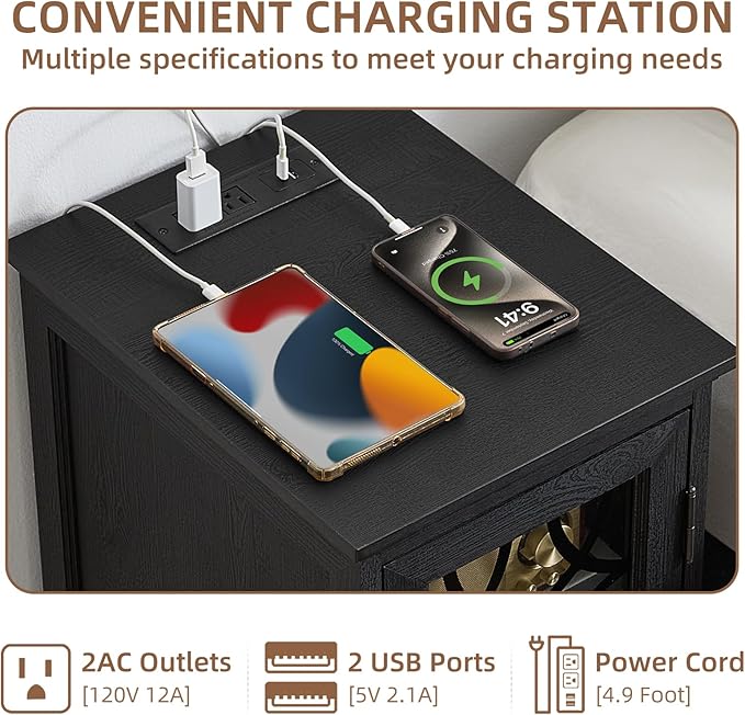 Narrow Side Table with Charging Station Set of 2, Night Stand with Glass Door,Bedside End Tables with Adjustable Shelf Storage Cabinet,Wood Nightstand for Small Spaces Living Room Bedroom