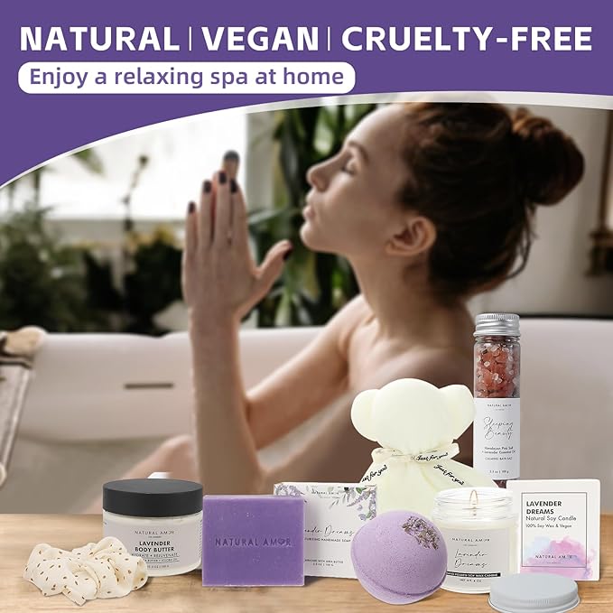 Natural Amor Lavender Spa Gifts for Women,7pcs Self Care Box Including Soap Bar, Candle, Bath Butter