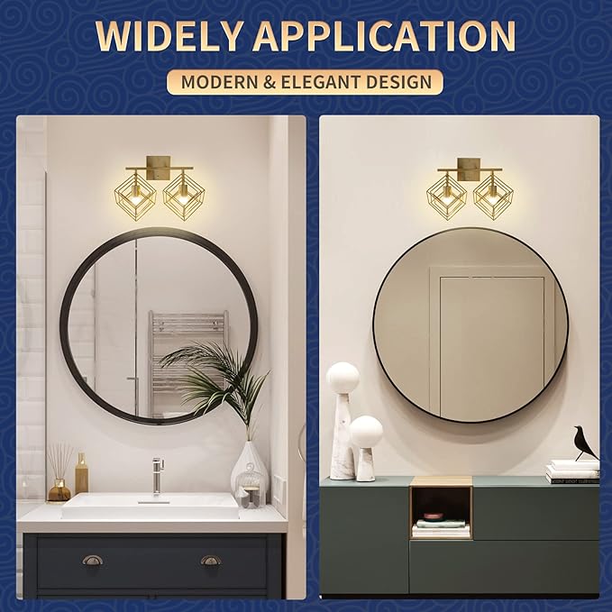 Bathroom Vanity Light with 2 Bulbs Bathroom Light Fixtures Over Mirror with Rotatable 2 Cube Shades Modern Wall Mounted Brushed Brass