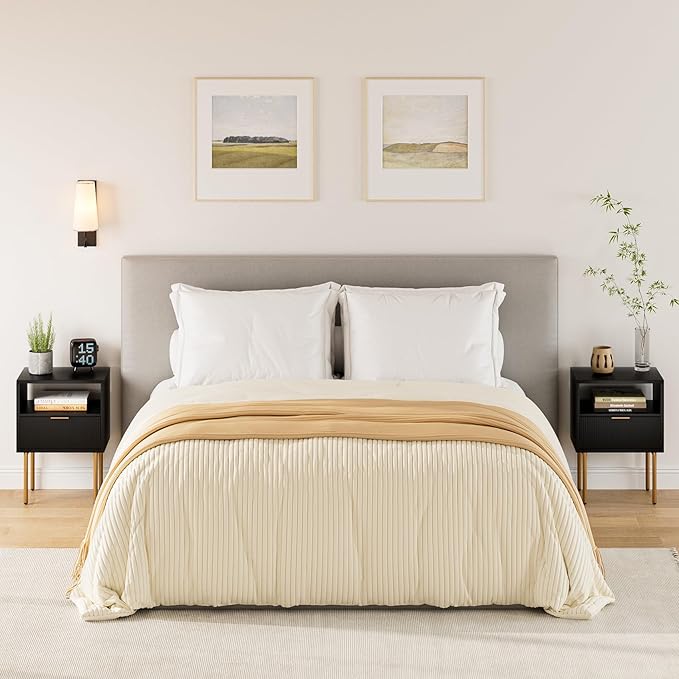 Masupu Nightstand,Mid-Century Modern Bedside Table with Storage Drawer and Open Wood Shelf,Small Gold Frame Side Table for Bedroom,Living Room,Black