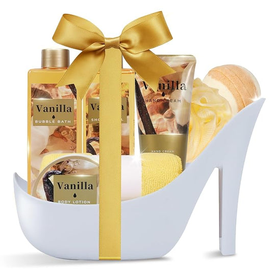 Cozy Vanilla Gifts for Women Spa Basket, High Heel Bath Set with Bubble Bath & Shea Butter, Christmas Birthday Gifts for Mom, Her, Best Friend