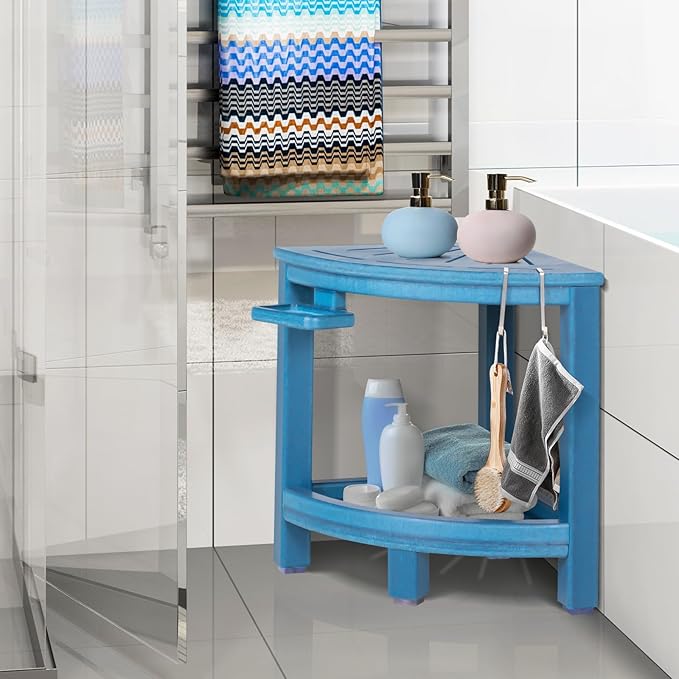 2-Tier Corner Shower Stool with Hooks & Soap Dish, HDPE Shower Bench for Shaving Legs, Wood-Like Shower Stool for Inside Shower with Non-Slip Foot Pads, Waterproof Shower Foot Rest (Blue)