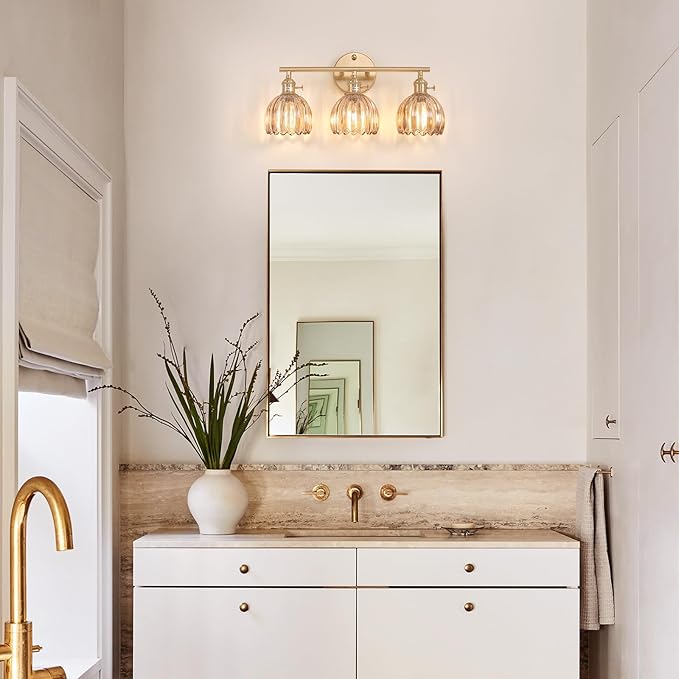 Bathroom Light Fixtures, 3-Light Brass Vanity Wall Light Over Mirror with Amber Tulip Glass Shade for Bedroom Living Room (Bulb Not Included)