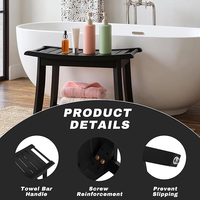 Bamboo Shower Bench Stool,24" Shower Chair Seat Non-Slip,Waterproof Bathroom Bench with Storage Shelf for Adults,Elderly, Disabled Indoor&Outdoor Use (Black)