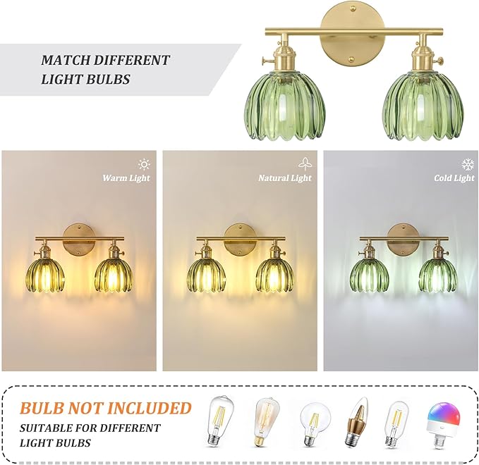 Bathroom Light Fixtures, 2-Light Brass Vanity Wall Light Over Mirror with Green Tulip Glass Shade for Bedroom Living Room (Bulb Not Included)