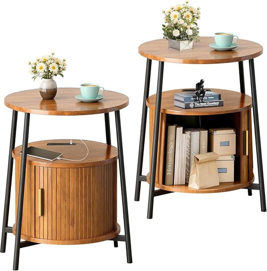 End Tables Set of 2 & Charging Station, Fluted Accent Side Table with Sliding Door, Mid-Century Modern Nightstand Set of 2 for Small Space, Living Room, Bedroom Sofa Couch (2, Yellow Walnut)
