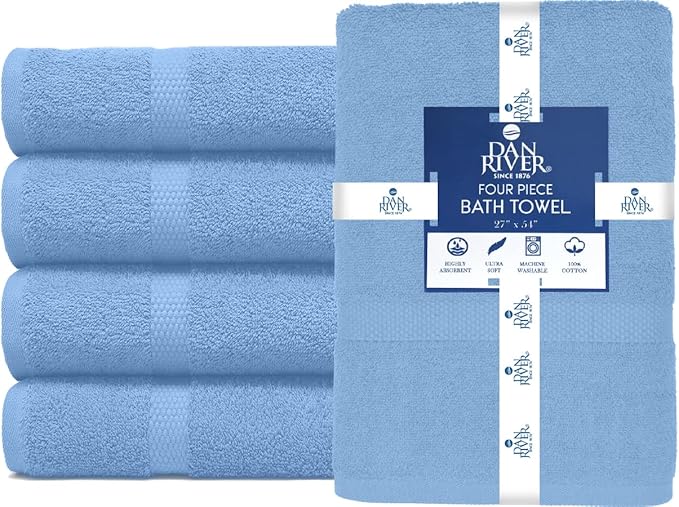 DAN RIVER Bath Towels Set of 4, 27 x 54 Inches, 100% Cotton, Larger & Lighter Weight, Quicker to Dry, Super Soft and Absorbent, Ideal Cotton Towels for Bathroom for Daily Use, Medium Blue