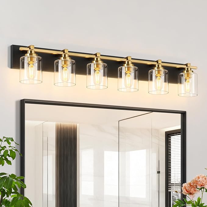 6 Light Modern Bathroom Light Fixtures Over Mirror, Black Gold Vanity Lights for Bathroom Wall Sconces with Clear Glass Shades, E26 Socket (Bulbs Not Included)