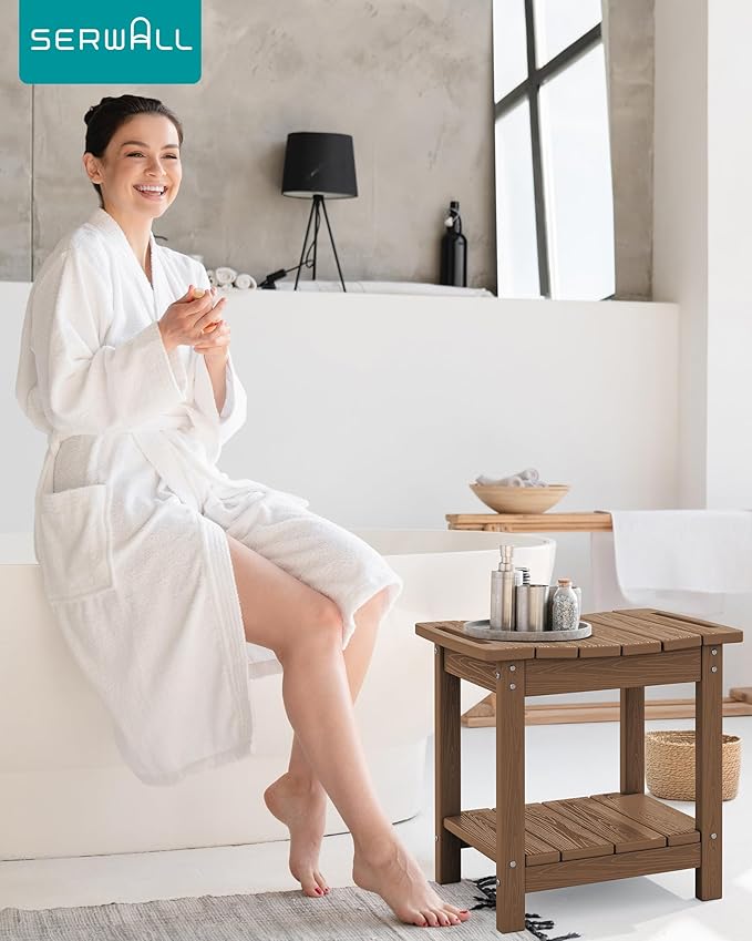 SERWALL Shower Bench, 18" Shower Stool for Inside Shower, HDPE Waterproof Shower Seats for Adults with Storage Shelf & Handles, 360 lbs Capacity- Brown