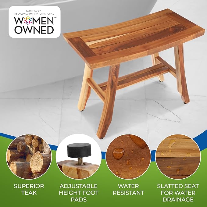 EcoDecors 24 Inch Satori Natural Teak Waterproof Teak Wood Shower Bench Stool Seat Chair for Inside Shower Provides Safety, Storage, and Organization for Bathroom Accessories