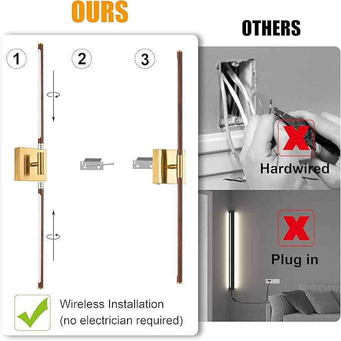 30″ Walnut Battery Operated Wall Sconces with Remote Control, Rechargeable Wall Sconces Set of 2, LED Sconces Wall Lighting, Wireless Wall Lights for Bedroom, Living Room, Background Wall