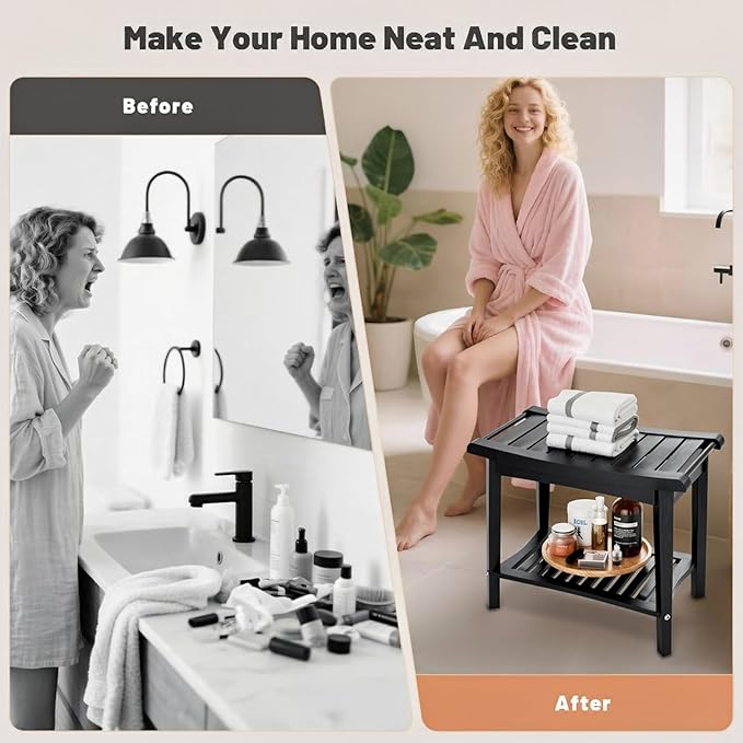 Bamboo Shower Bench with Storage Shelf, Waterproof Bath Stool for Bathroom, Spa Chair for Sitting, Shaving Legs, Elderly & Senior Safe, Heavy-Duty Bath Bench Chair, 23", 300 lbs Capacity (Black)