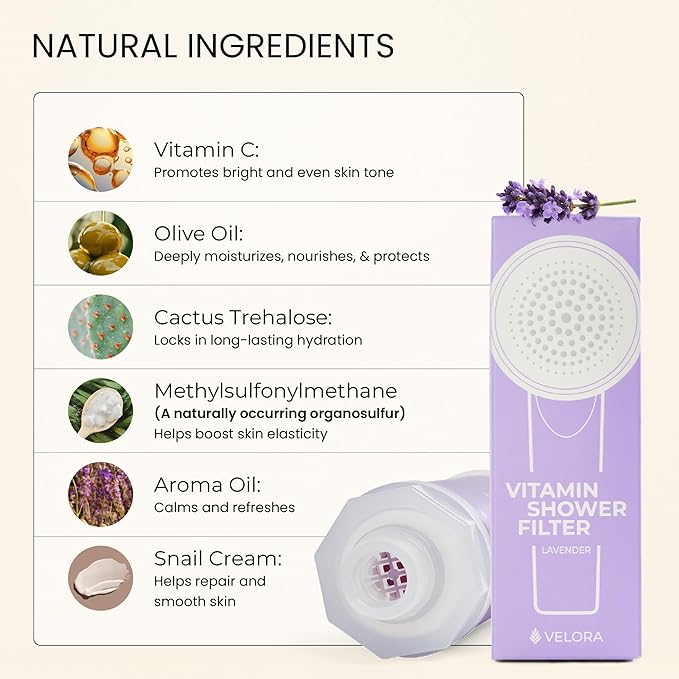 VELORA Vitamin C Shower Filter - Lavender-Scented Aromatherapy Shower Water Filter and Softener - Universal Showerhead Bathroom Attachment - Replenish Dry Skin, Soften and Nourish Hair