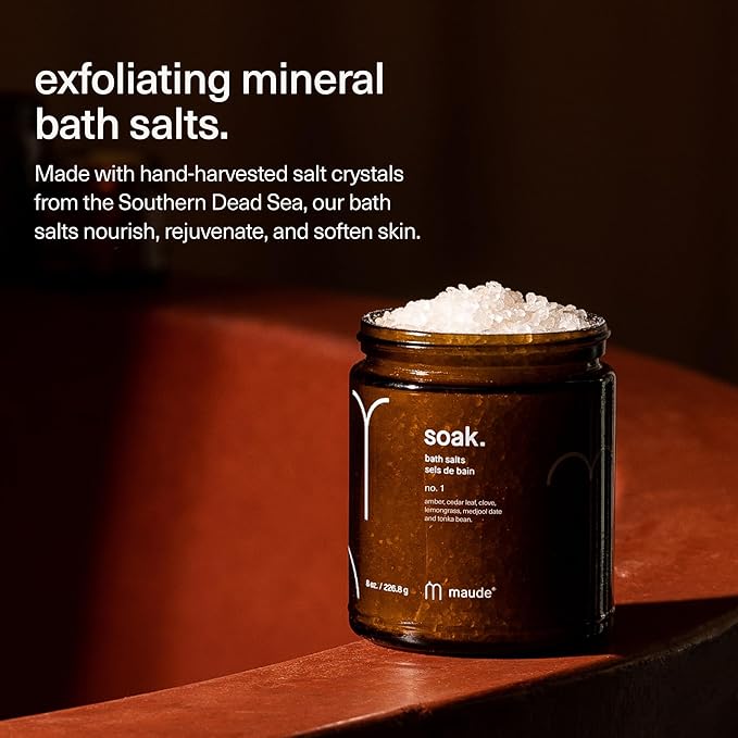 Maude Soak Bundle - Soak Mineral Bath Salts with Hand-Harvested Dead Sea Salt Crystals and Vitamins - Soak No. 1 + No. 2 (8 oz, Two Count)