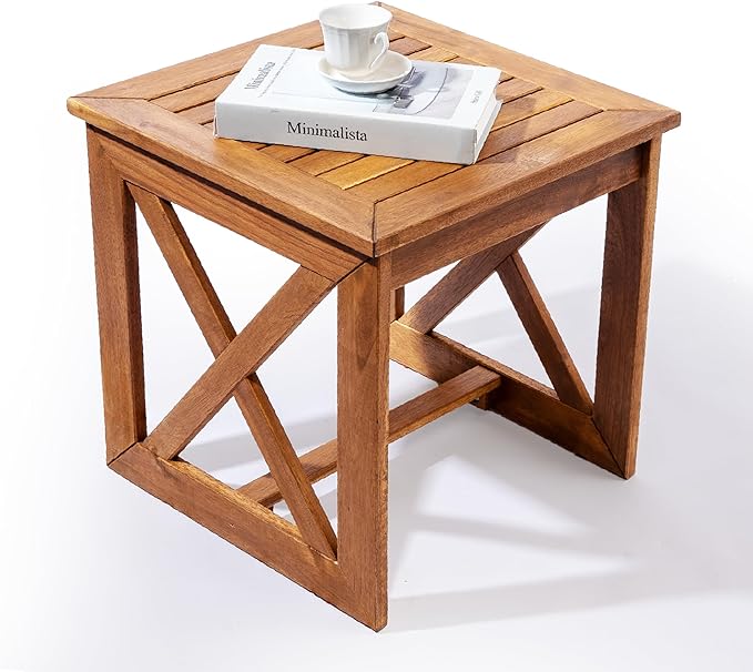 100% Acacia Wood Small Table, Outdoor Side Table for Patio, Poolside, Garden, Backyard, Entryway, Outdoor Space (X-braced Style)
