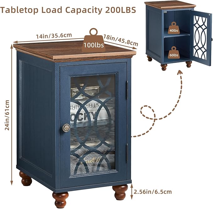 Narrow Side Table with Glass Door, 18 x 14'' Night Stand with Adjustable Shelf Storage Cabinet Organizer, Bedside End Tables Wood Nightstand for Small Spaces Living Room Bedroom