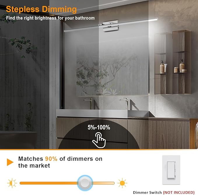 48 Inch LED Bathroom Vanity Light (3000K/4000K/6000K, Dimmable), Chrome Modern Bathroom Light Fixture Over Mirror, Vanity Light Bar with Angle Adjustable