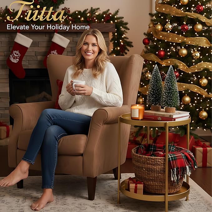 Tiita Round End Table Mental 2-Tier Side Table Nightstand/Small Iron Tables Accent Coffee Table for Living Room Bedroom Office Small Space