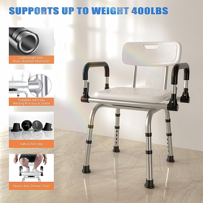 360 Degree Shower Chair Swivel,Shower Seat with Armrests and Back, Adjustable Bathroom Shower Chair