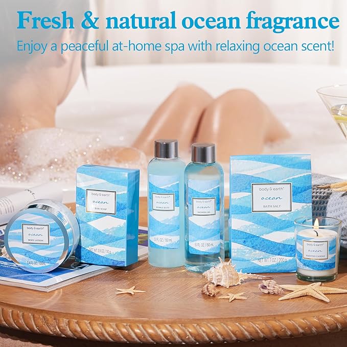 Bath and Body Gift Set for Women, Body & Earth Ocean Gift Basket, 7 Pcs Bath Sets for Women Gift with Bubble Bath, Body Lotion, Scented Candle, Spa Kit for Women, Christmas Gifts for Mom
