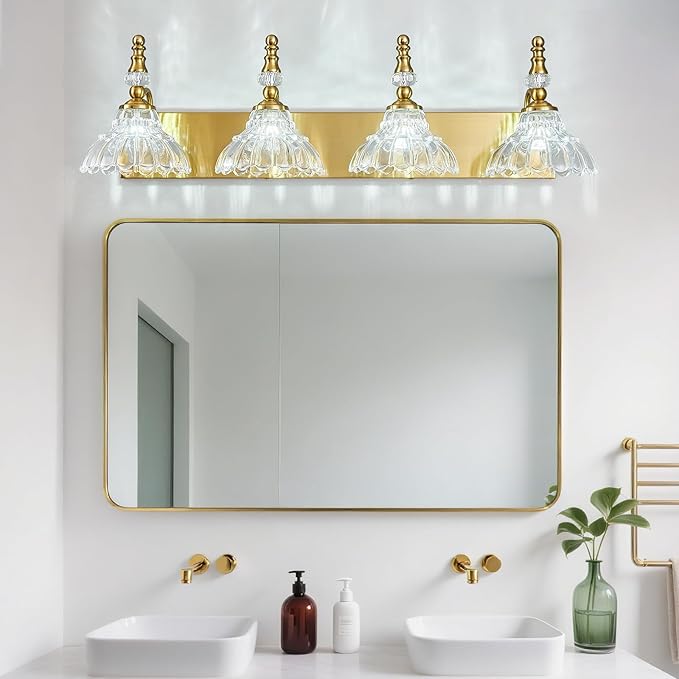 Vintage Bathroom Vanity Light, 4-Light Gold Vanity Lighting Fixture with Flower Glass Shade, Bathroom Lighting Fixtures Over Mirror