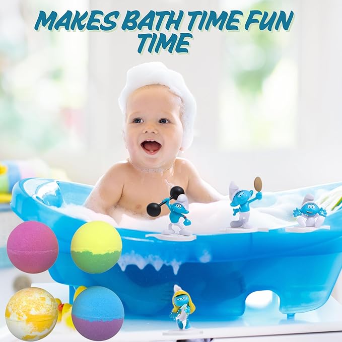 The Smurfs Bath Bombs with Action Figures-Brainy, Handy Smurf, Blossom, and Azrael (Pack 3)