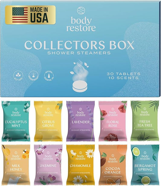 Body Restore Shower Steamers Aromatherapy 30 Pack - Christmas Stocking Stuffers for Men, Birthday Gifts for Women, White Elephant, Relaxation, Self Care - Collector’s Box