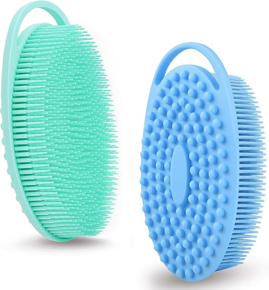 2 Pack Silicone Body Scrubber for Shower, Soft & Gentle Loofah Alternative for Sensitive Skin, Quick-Drying & Hygienic Body Wash Scrubber Brush for Women, Men & Kids (Blue & Green)