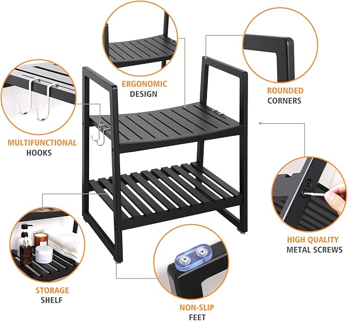 VVW 21.6 Inch Bamboo Shower Bench Seat Chair Stool with Arms for Inside Shower, Heavy Duty Spa Bath Chair with 2 Movable Hooks, Non-Slip Feet for Bathroom Accessories (Black)