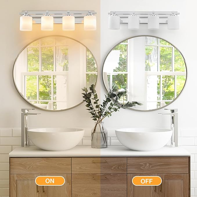 4 Light Modern Bathroom Light Fixtures Over Mirror, Chrome Vanity Lights for Bathroom Wall Sconces with Milky White Glass Shades, E26 Socket (Bulbs Not Included)