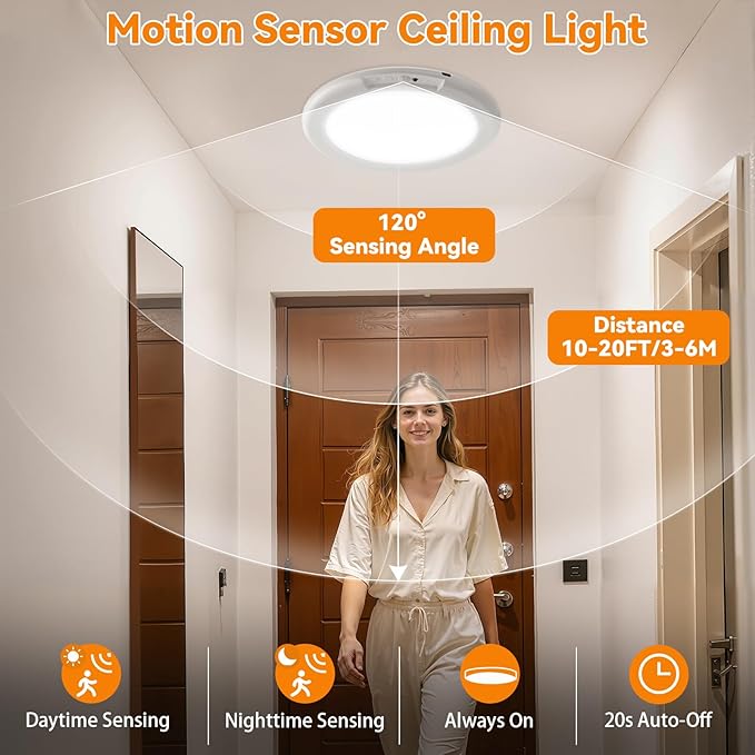 Rechargeable Ceiling Light 2Pack, 3 Color Motion Sensor Lights with Remote, Wireless Closet Light Battery Operated, Magnetic Dimmable LED Lights for Shower Pantry Shed Hallway Porch Garage Stairs