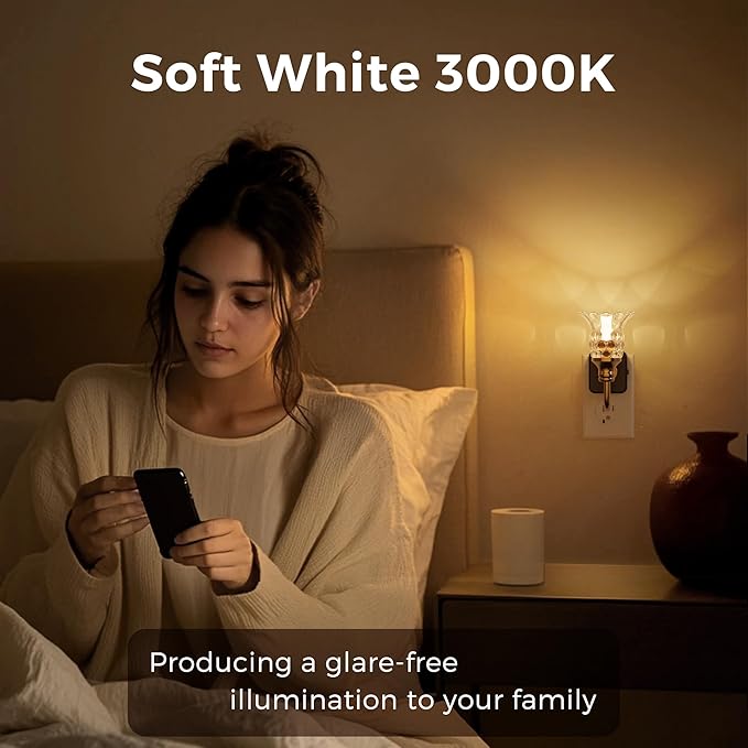 L LOHAS LED Night Lights Plug into Wall, 3000K Soft White LED Floral Night Light with Auto Sensor, 0-100lm Adjustable Brightness Plug in Nightlight, for Hallway Bedroom Stairway Gift