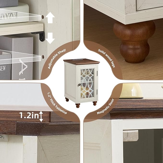 Narrow Side Table with Glass Door, 18 x 14'' Night Stand with Adjustable Shelf Storage Cabinet Organizer, Bedside End Tables Wood Nightstand for Small Spaces Living Room Bedroom