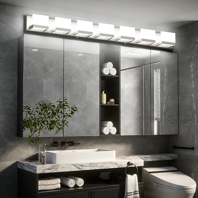 Tipace 7 Lights LED Modern Vanity Light Brushed Nickel Bathroom Lighting Fixture Up and Down Bathroom Wall Light Over Mirror(White Light 6000K)