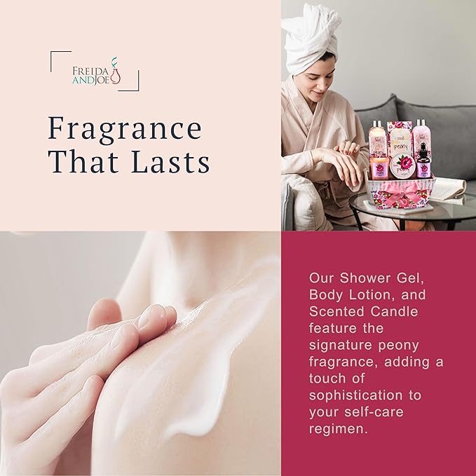 Bath and Body Gift Set for Women with Shower Gel, Body Lotion, Body Scrub, Body Oil, Bath Salt, and Scented Candle – Perfect Spa Gift (Peony Floral)