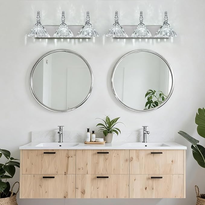 Vintage Bathroom Vanity Light, 3-Light Chrome Vanity Lighting Fixture with Flower Glass Shade, Bathroom Lighting Fixtures Over Mirror