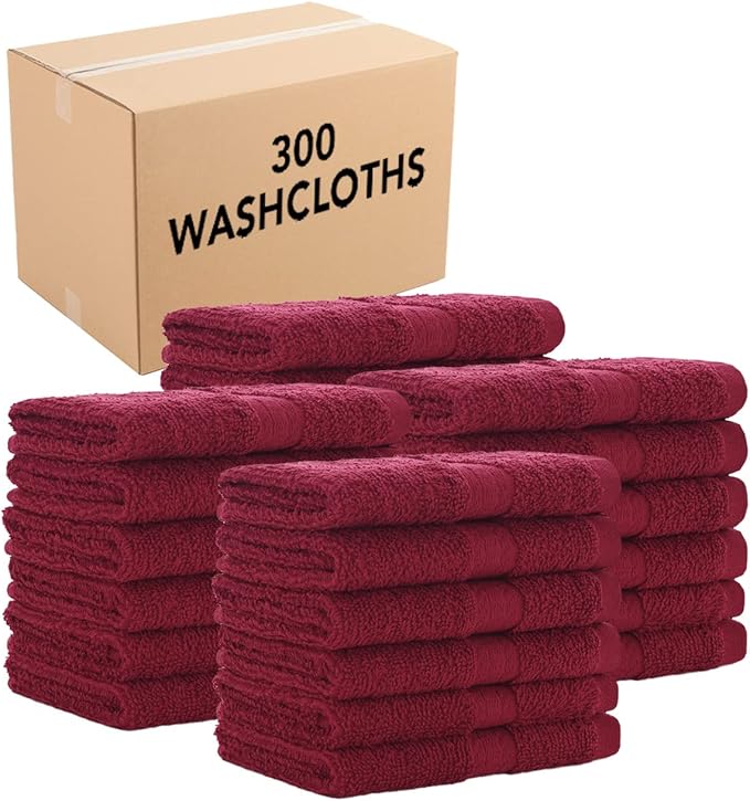Arkwright True Color Solid Wash Cloths - Soft 100% Cotton Bulk Washcloths 300 Pack - Lightweight 475 GSM, Absorbent & Quick Dry for Face and Body, 12 x 12 in, Burgundy