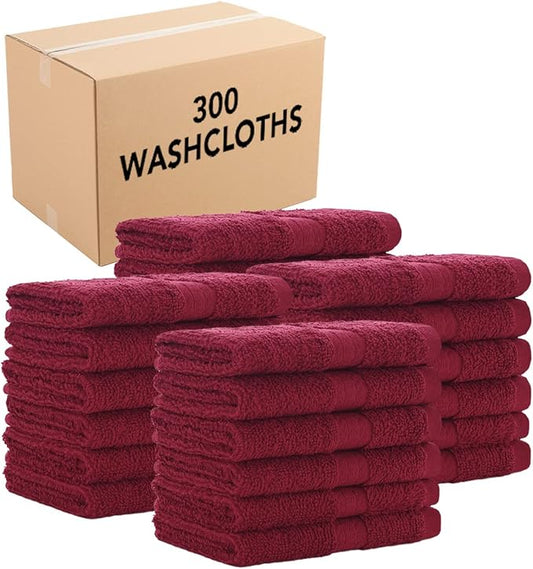 Arkwright True Color Solid Wash Cloths - Soft 100% Cotton Bulk Washcloths 300 Pack - Lightweight 475 GSM, Absorbent & Quick Dry for Face and Body, 12 x 12 in, Burgundy