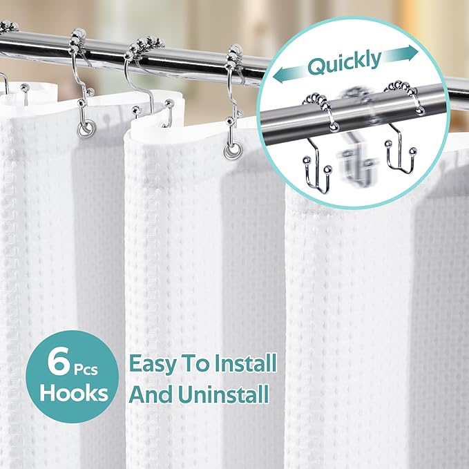 3 in 1 Shower Curtain Set, Waffle Shower Curtain and Liner Set with 6 Double Sided Shower Curtain Hooks, 258GSM Luxury Weighted Cloth Shower Curtains for Bathroom, 36 W x 72 H, White