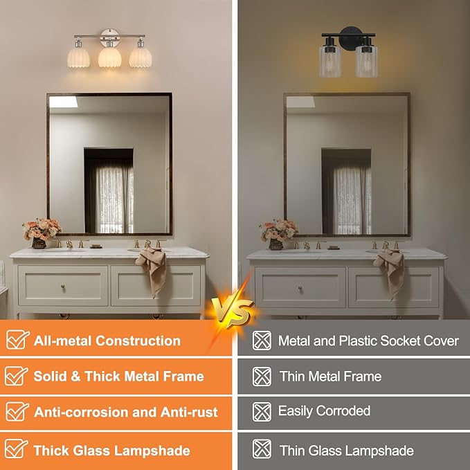 Bathroom Light Fixtures, 3-Light Vanity Wall Light Over Mirror with White Tulip Glass Shade for Bedroom Living Room (Bulb Not Included), Satin Nickel