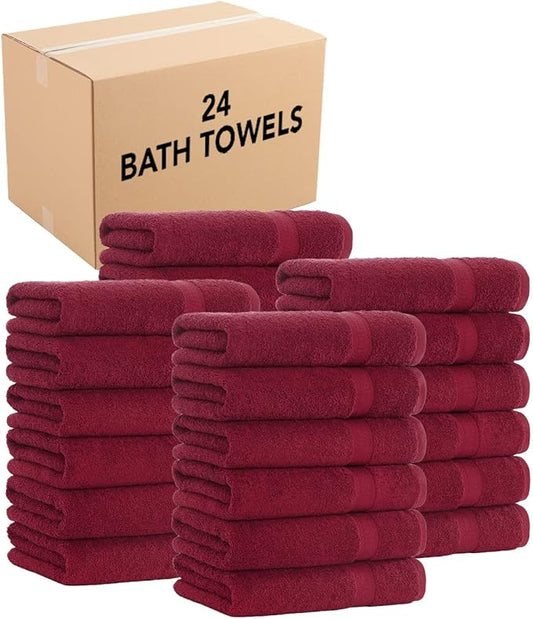 Arkwright True Color Solid Bath Towels - Soft 100% Cotton Bulk Bathroom Towel Set of 24 - Lightweight 475 GSM, Absorbent, and Quick Dry, 25 x 52 in, Burgundy