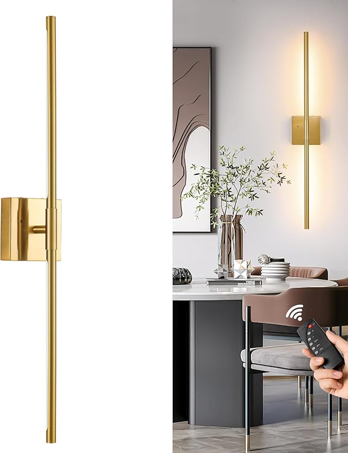 Gold Battery Operated Wall Sconces, Dimmable Wall Sconces with Remote Control, Rechargeable Sconces Wall Lighting, 40″ LED Wireless Wall Lights for Bedroom, Living Room, Bathroom