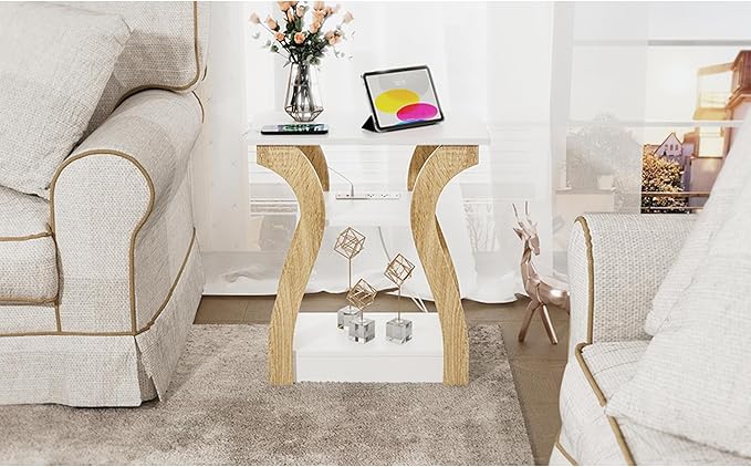End Table with Charging Station, Side Table with USB Ports and Outlets, 3 Tier Nightstand Sofa Table for Small Spaces, Beside Table with Storage Shelf for Living Room, Bedroom