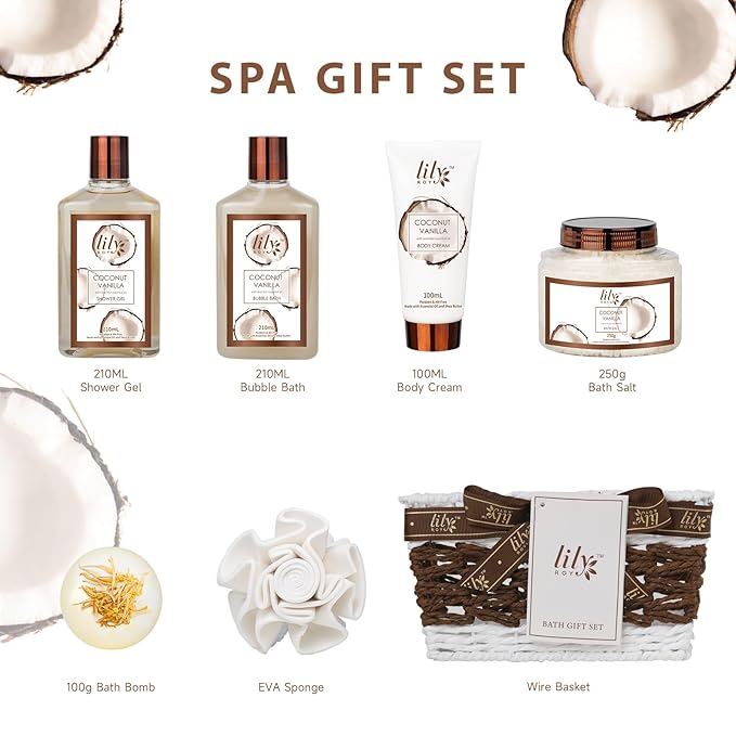 Christmas Gifts for Women - 7 Pcs Coconut Pampering Bath and Body Gift Basket Set for Women, Gift with Shower Gel | Valentine's, Birthday, Mothers Day Gifts for Mom, Perfect Gift for Mom All Occasion