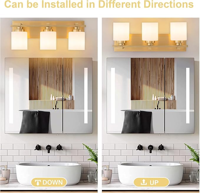 3 Light Modern Bathroom Light Fixtures Over Mirror, Brass Finish Vanity Lights for Bathroom Wall Sconces with Milky White Glass Shades, E26 Socket (Bulbs Not Included)