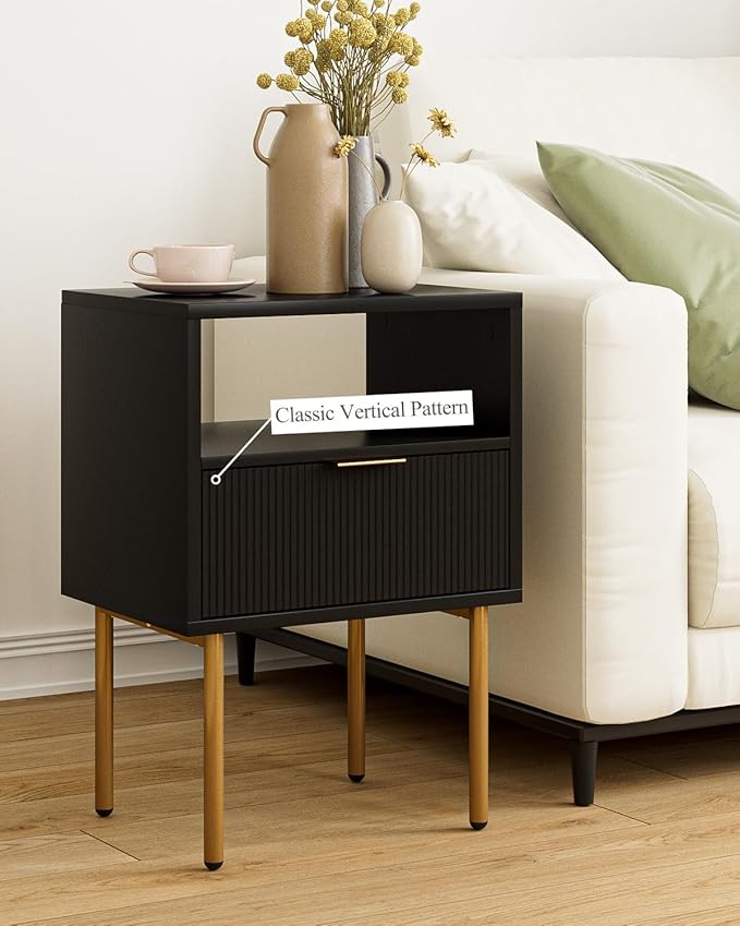 Masupu Nightstand,Mid-Century Modern Bedside Table with Storage Drawer and Open Wood Shelf,Small Gold Frame Side Table for Bedroom,Living Room,Black