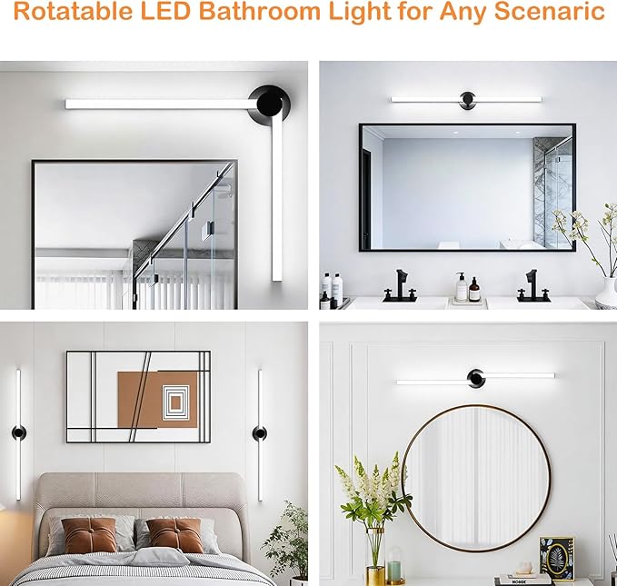Bathroom Lighting Fixtures Over Mirror: 30 Inch Rotatable Bathroom Vanity Light ETL Listed - Modern Black Vanity Lighting Fixtures 5700K Cool White 3000LM 36W IP44 - LED Vanity Light Dimmable(2 Pack)
