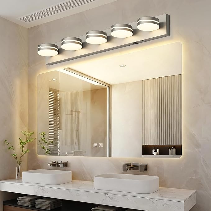 32In Motion Sensor Vanity Light Brushed Nickel, 3CCT 5-Light Modern LED Bathroom Lighting Fixtures Over Mirror, Rotatable Head, Dimmable 3000K-6000K Wall Sconce, Anti-Rust Silver