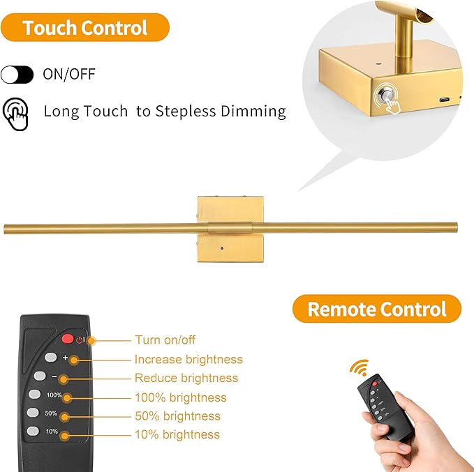 Gold Battery Operated Wall Sconces, Dimmable Wall Sconces with Remote Control, Rechargeable Sconces Wall Lighting, 24″ LED Wireless Wall Lights for Bedroom, Living Room, Bathroom, Hallways